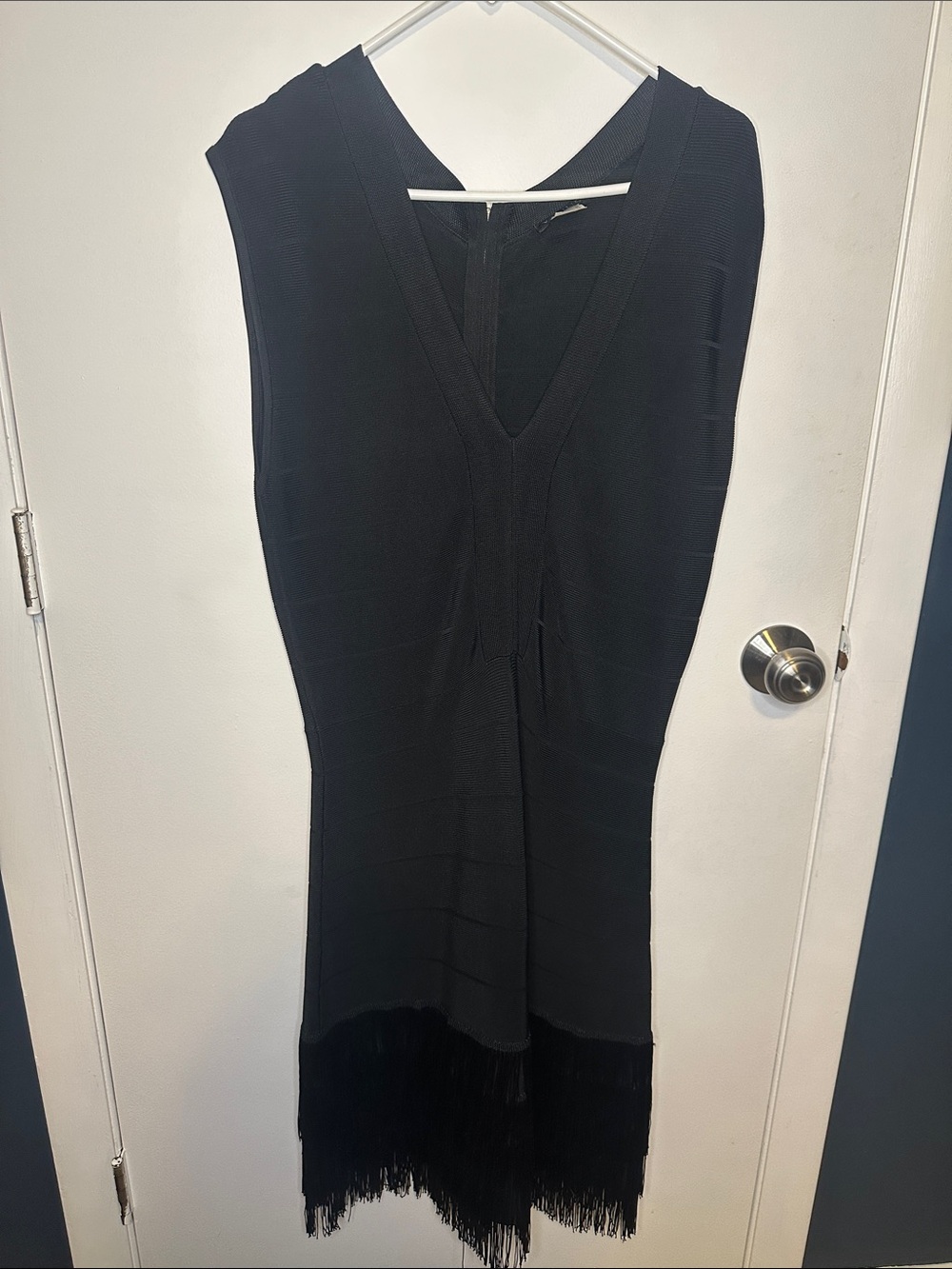 VENUS Black V-Neck Fringe Midi Dress